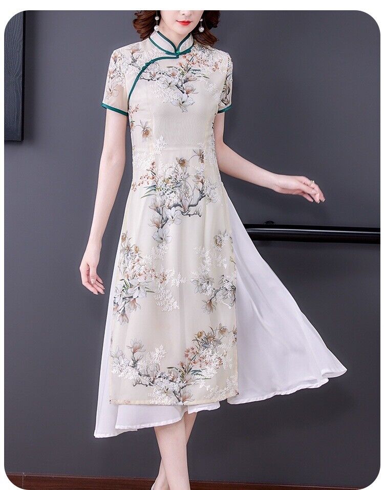 Luxurious Chinese Light Green Chiffon Floral Faux 2-Piece Cheongsam Qipao Dress