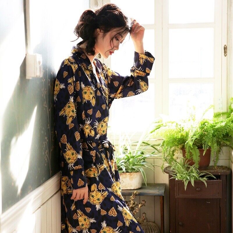 New Ladies Womens Yellow Cats Blue Long Robe and Trousers Pyjamas Set ladpj275