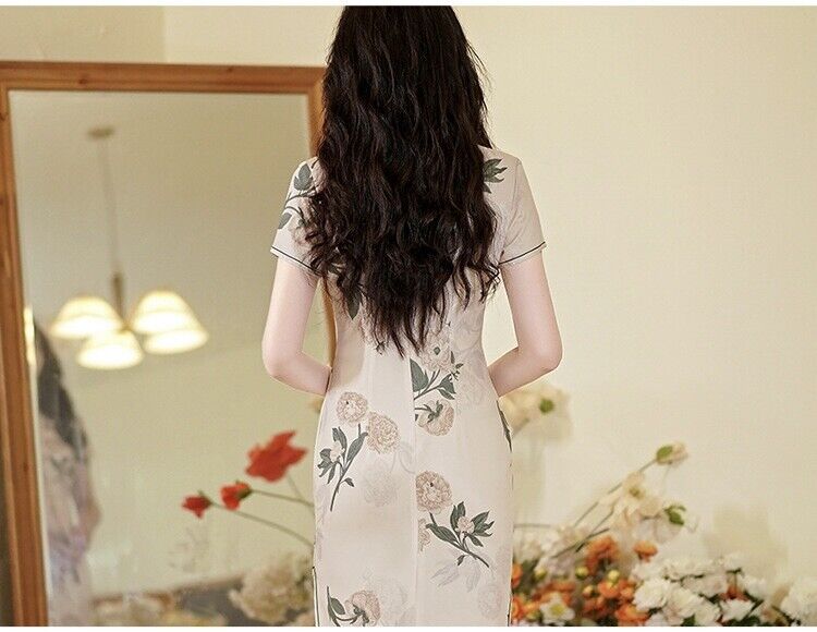 New Ladies Chinese Vintage Almond White Floral Prints Trim Dress Cheongsam Qipao