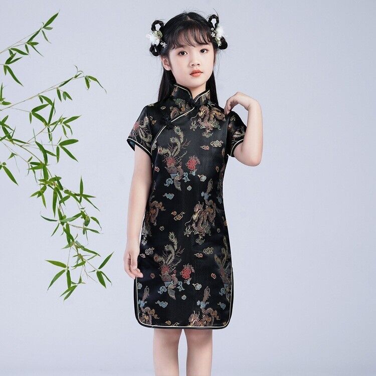 Childrens Girls Chinese Asian Black & Gold Dragons Satin Qipao Cheongsam Dress