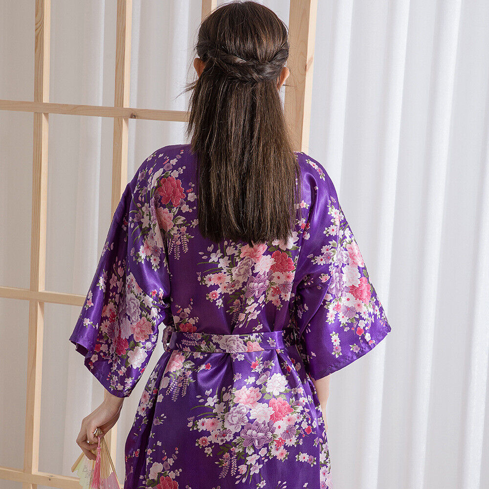 Elegant Japanese Chinese Satin Purple Floral Design Ladies Kimono Style Bathrobe