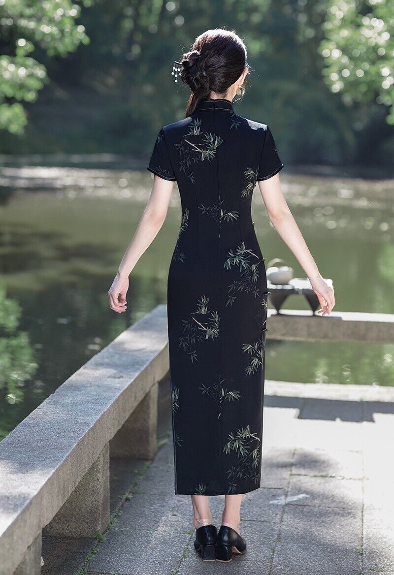 Elegant Traditional Chinese Cheongsam Mandarin Collar Bamboo Black Qipao Dress