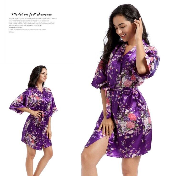 Elegant Japanese Chinese Satin Purple Floral Design Ladies Kimono Style Bathrobe