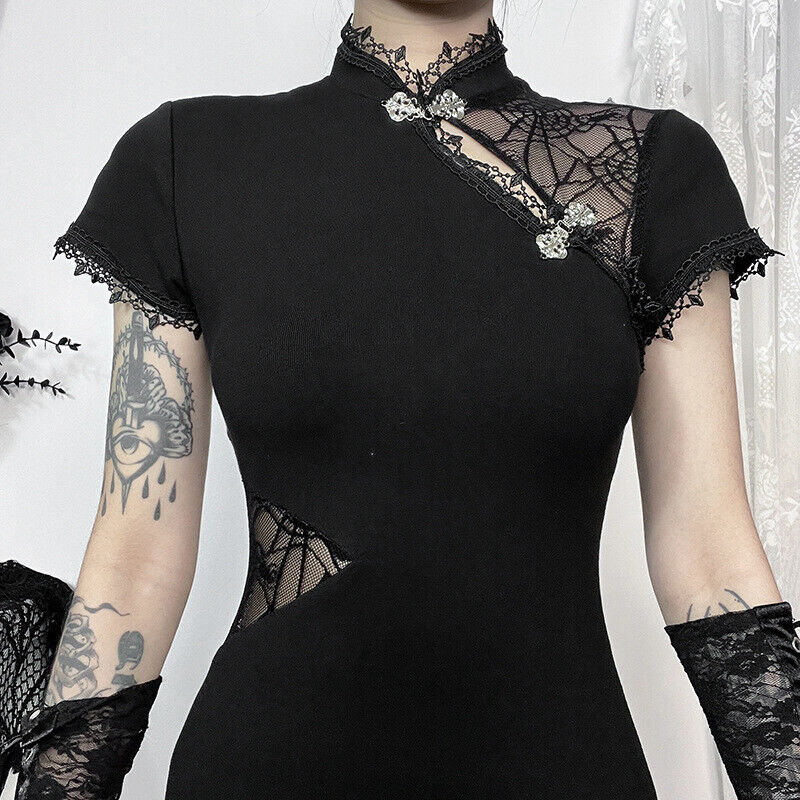 Luxurious Chinese Magic Black Gothic-Inspired Lace Cheongsam Qipao Dress