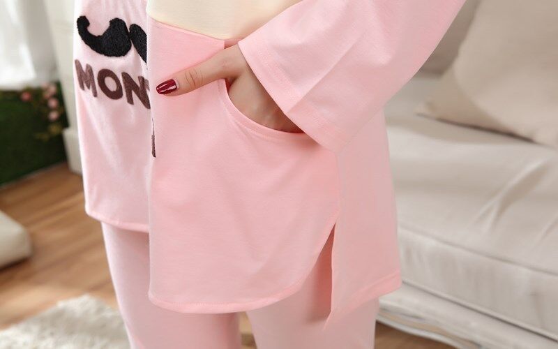 Cute Ladies Women Pink Mustache Long Top & Leggings Set Pyjamas Pajamas ladpj37