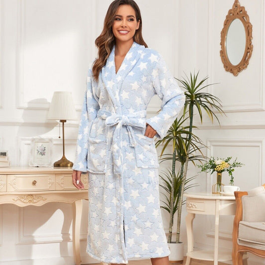 New Luxurious Super Comfy Ladies Stars Blue Long Fluffy Bathrobe Dressing Gown