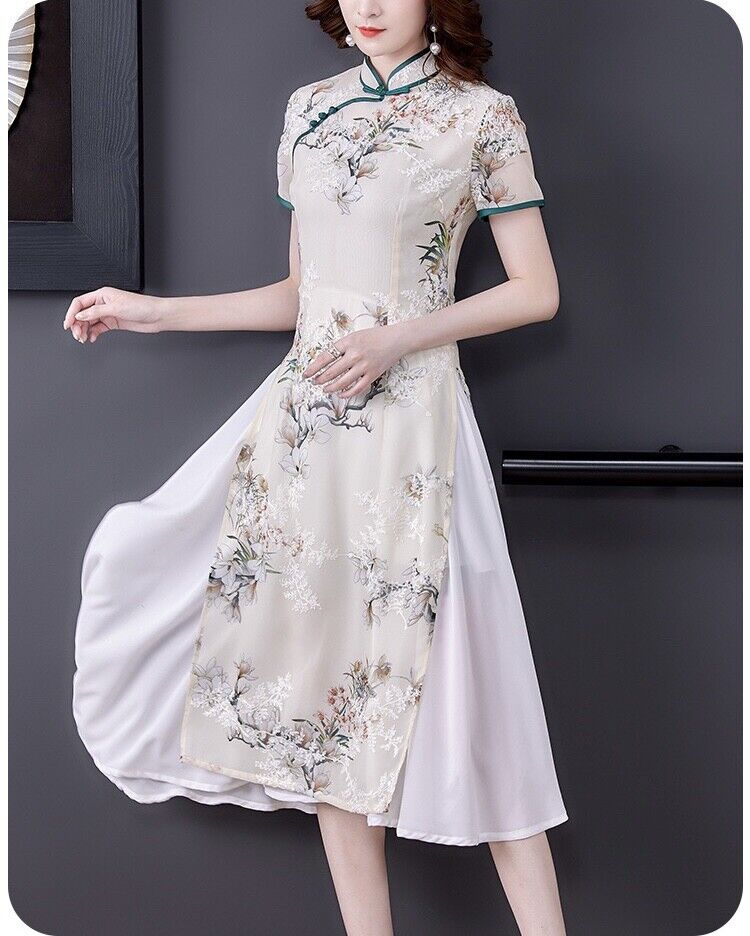 Luxurious Chinese Light Green Chiffon Floral Faux 2-Piece Cheongsam Qipao Dress