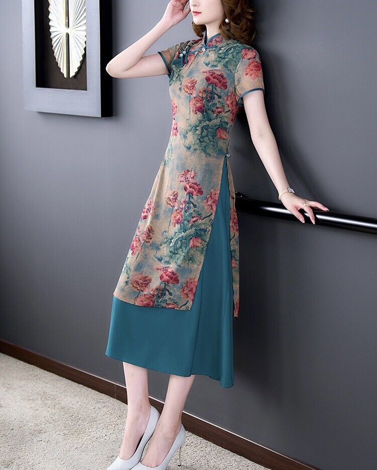 Luxurious Chinese Silk Floral Prints Green Faux 2-Piece Cheongsam Qipao Dress