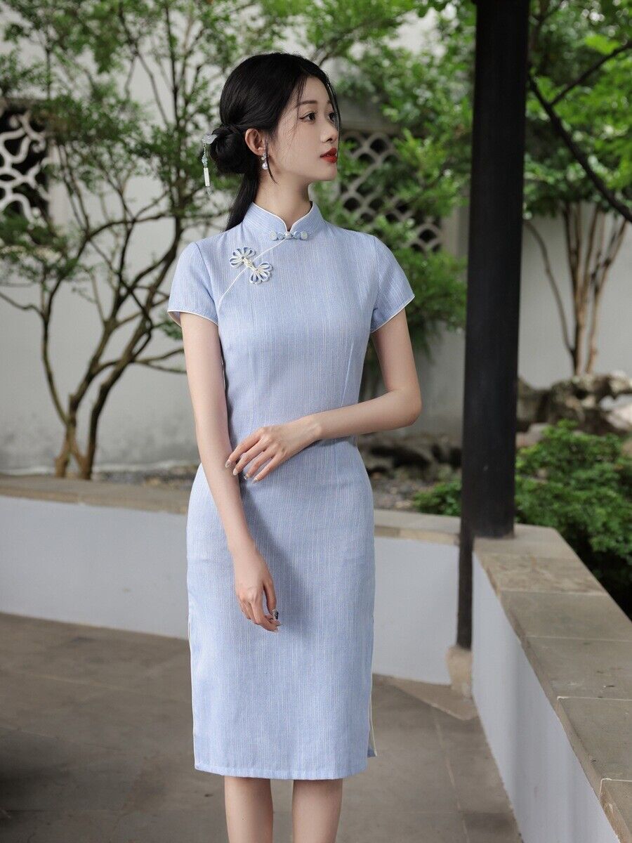 Serenity Sky: Light Blue Cotton-Linen Qipao Cheongsam Dress Over-the-Knee Length