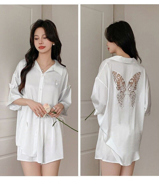 Elegant Womens Synthetic Silk Pyjama Set Long Shirt Style Top with Elastic Short