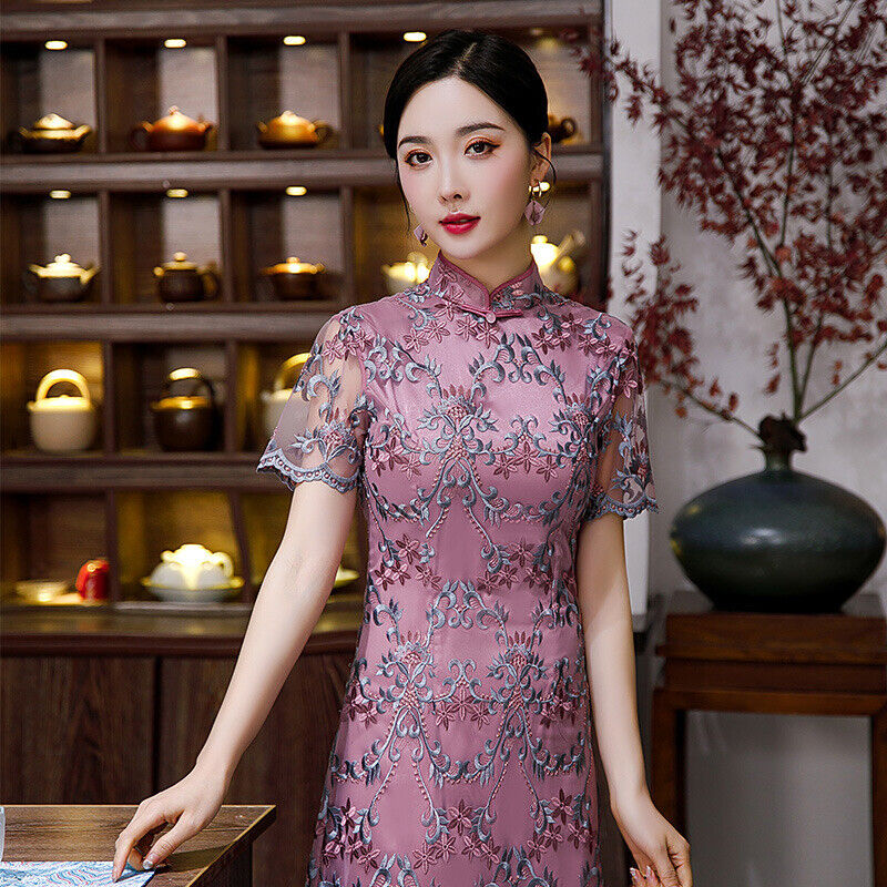 New Ladies Purple Mesh Embroidery Beaded Chinese Style Qipao Cheongsam Dress.