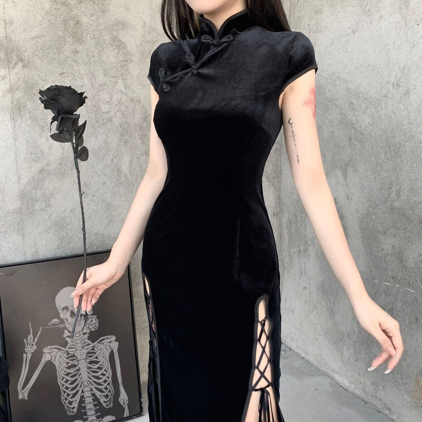 New Luxurious Chinese Gothic Black Velvet Long Cheongsam Qipao Dress lcdress321