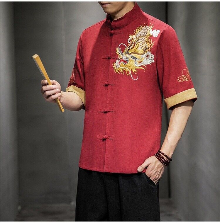 New Men's Traditional Chinese Style Shirt with Dragon Embroidery in China Red