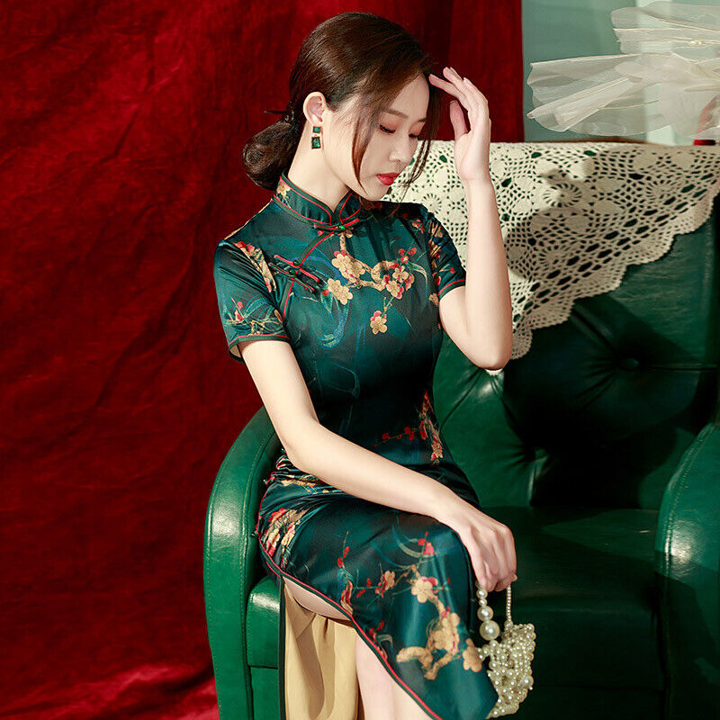 Luxurious Chinese Satin Forest Green Gold Blossom Long Cheongsam Qipao Dress