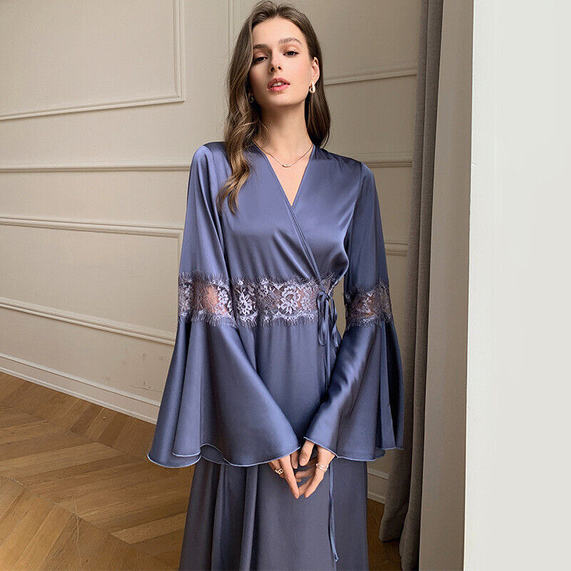 New Elegant Blue Violet Satin Ladies Flared Sleeves Open Back Long Nightdress