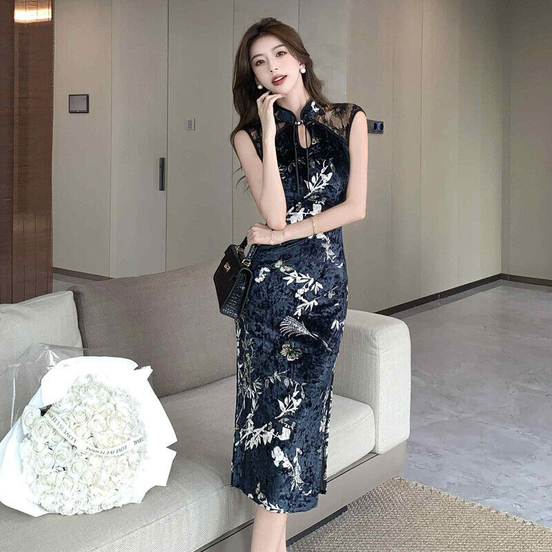 Luxurious Chinese Magic Black Gothic-Inspired Lace Cheongsam Qipao Dress