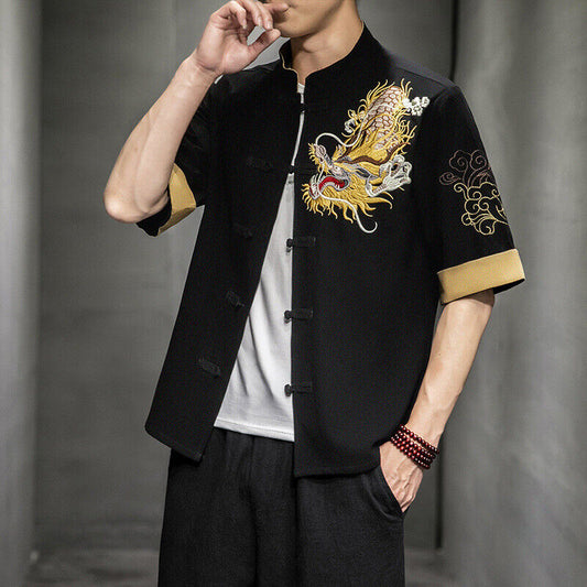 New Mens Traditional Chinese Style Shirt with Dragon Embroidery in Mystery Black