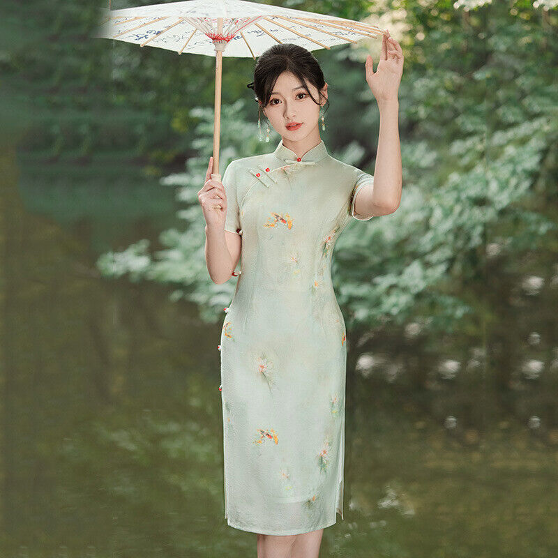 New Luxurious Satin Chinese Willow Green Floral Prints Dress Cheongsam Qipao