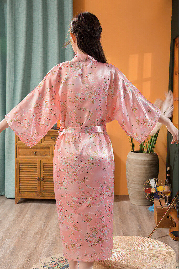 Elegant Japanese Chinese Satin Pink Floral Design Ladies Kimono Style Bathrobe