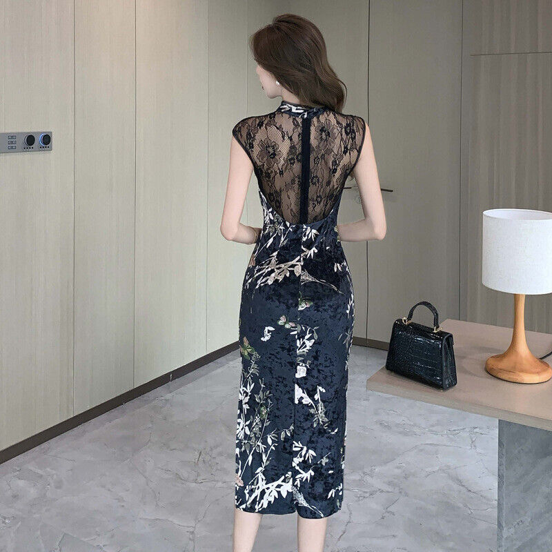 Luxurious Chinese Magic Black Gothic-Inspired Lace Cheongsam Qipao Dress