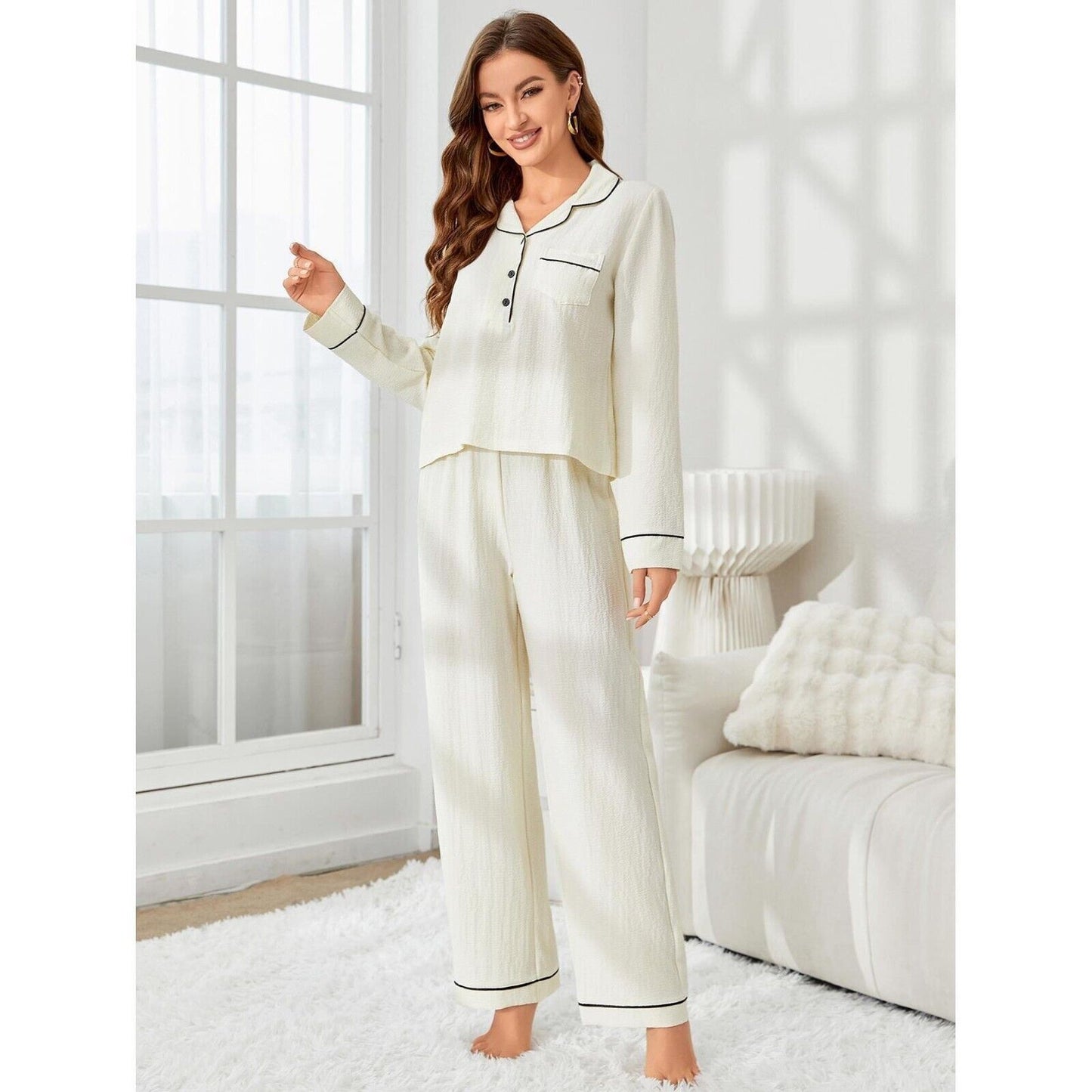 New Luxurious White Cotton Pyjama Set for Women - Comfy & Chic Sleepwear