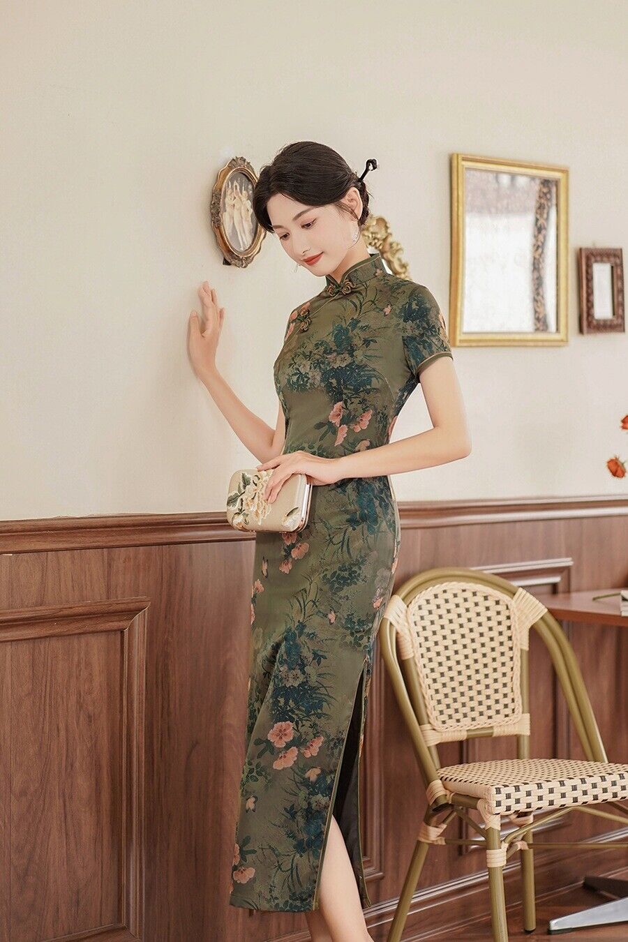 New Elegant Ladies Chinese Green Floral Prints Trim Dress Cheongsam Qipao