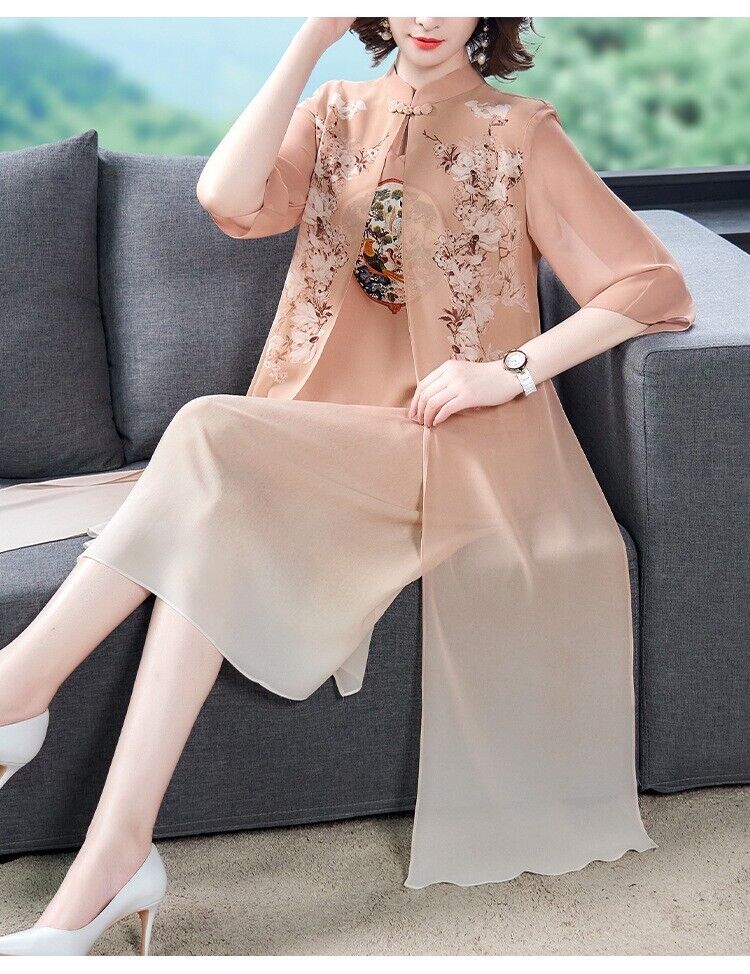 Luxurious Chinese Chiffon Knee Length Almond Faux 2-Piece Cheongsam Qipao Dress