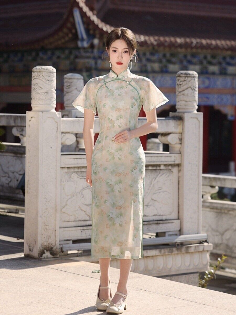 Ethereal Blossom Elegant Long Green Qipao Cheong Dress in Pastel Floral Jacquard