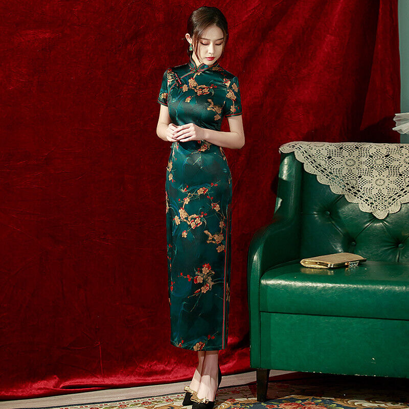 Luxurious Chinese Satin Forest Green Gold Blossom Long Cheongsam Qipao Dress