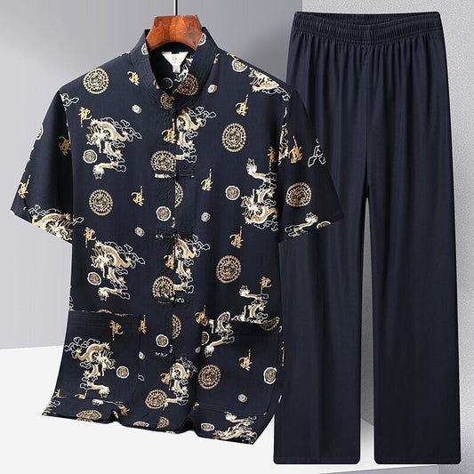 Luxurious Chinese Dragon Pattern Men's Shirt & Trousers Set Elasticated Waist