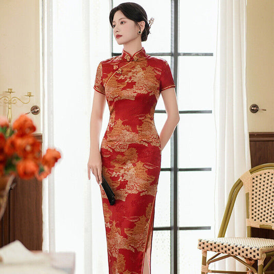 Ladies Chinese Red With Golden Ancient Scenery Prints Trim Dress Cheongsam Qipao