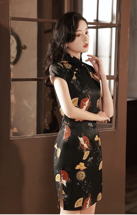 New Black Chinese Satin Short Qipao Cheongsam Dress with Paradise Crane Prints