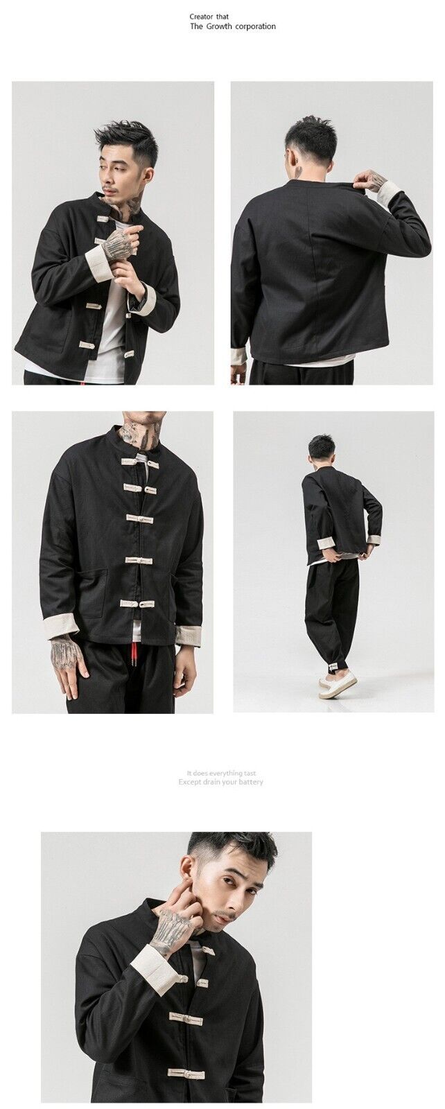 New Men's Chinese Kung Fu Style Black Jacket with Traditional White Fastenings