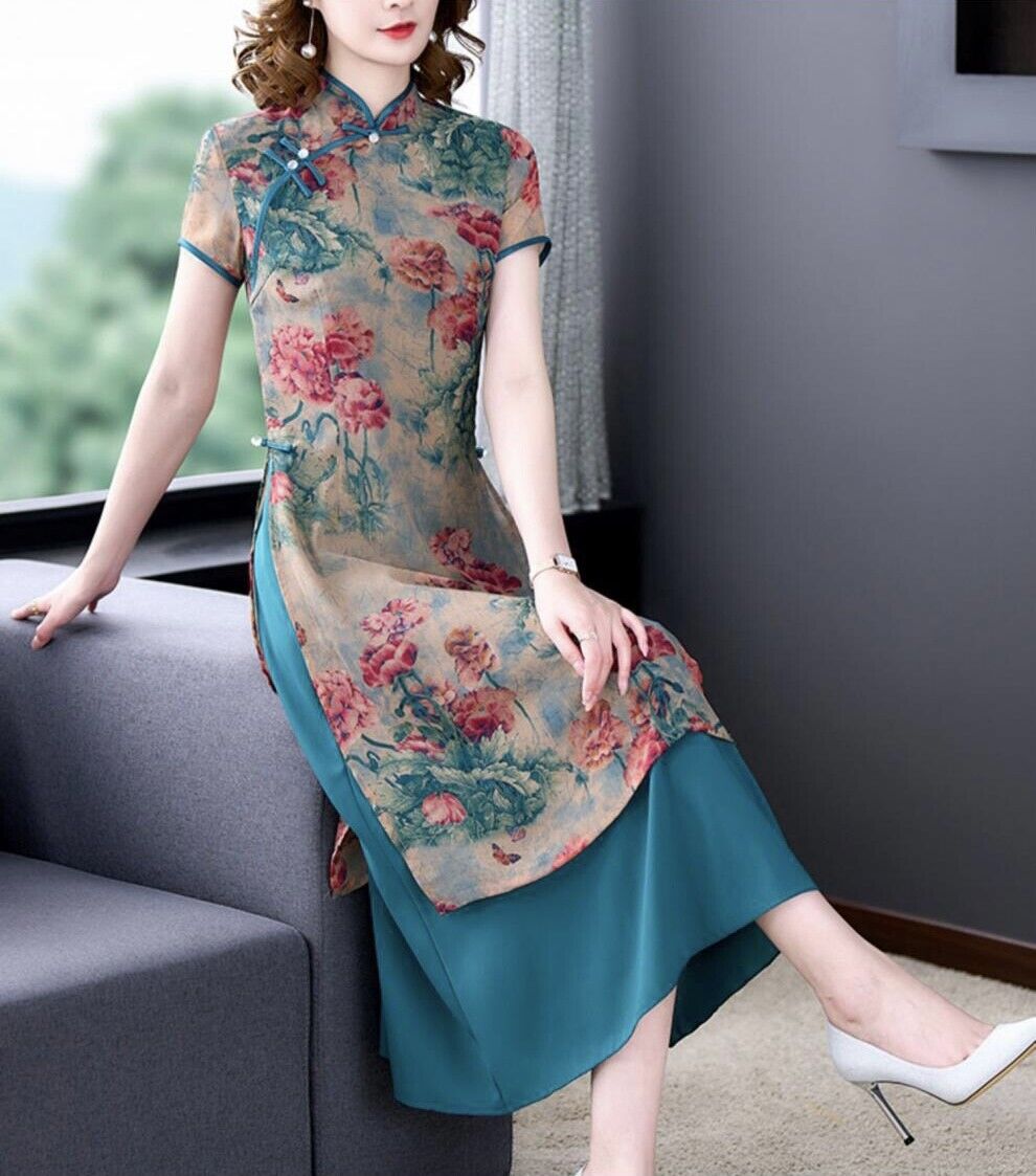 Luxurious Chinese Silk Floral Prints Green Faux 2-Piece Cheongsam Qipao Dress