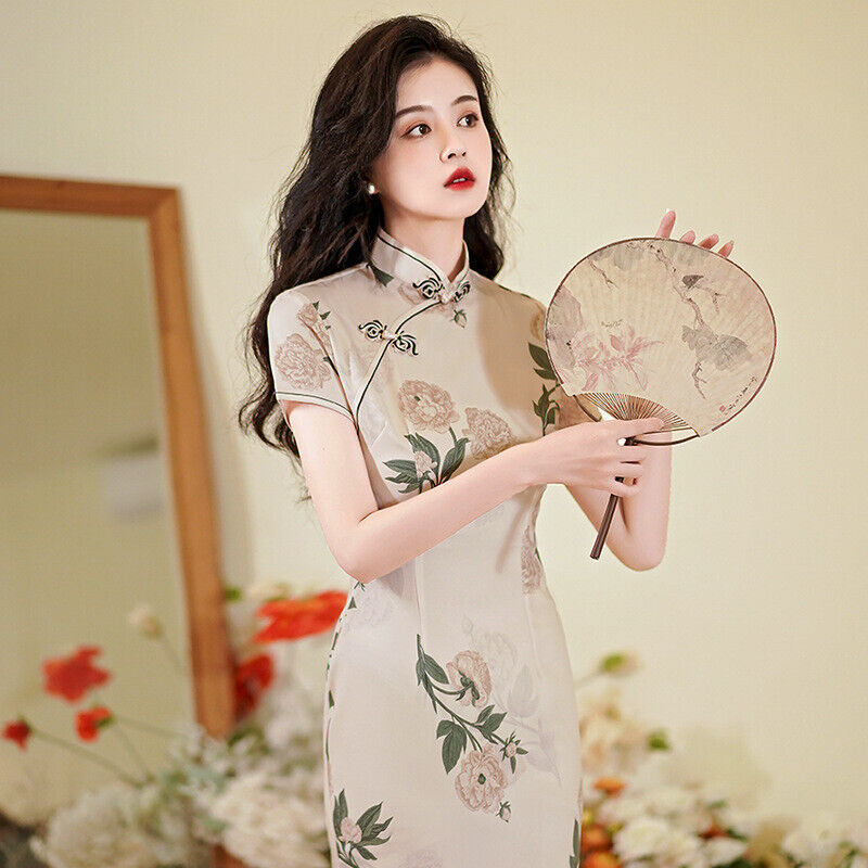 New Ladies Chinese Vintage Almond White Floral Prints Trim Dress Cheongsam Qipao