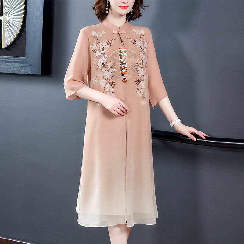 Luxurious Chinese Chiffon Knee Length Almond Faux 2-Piece Cheongsam Qipao Dress