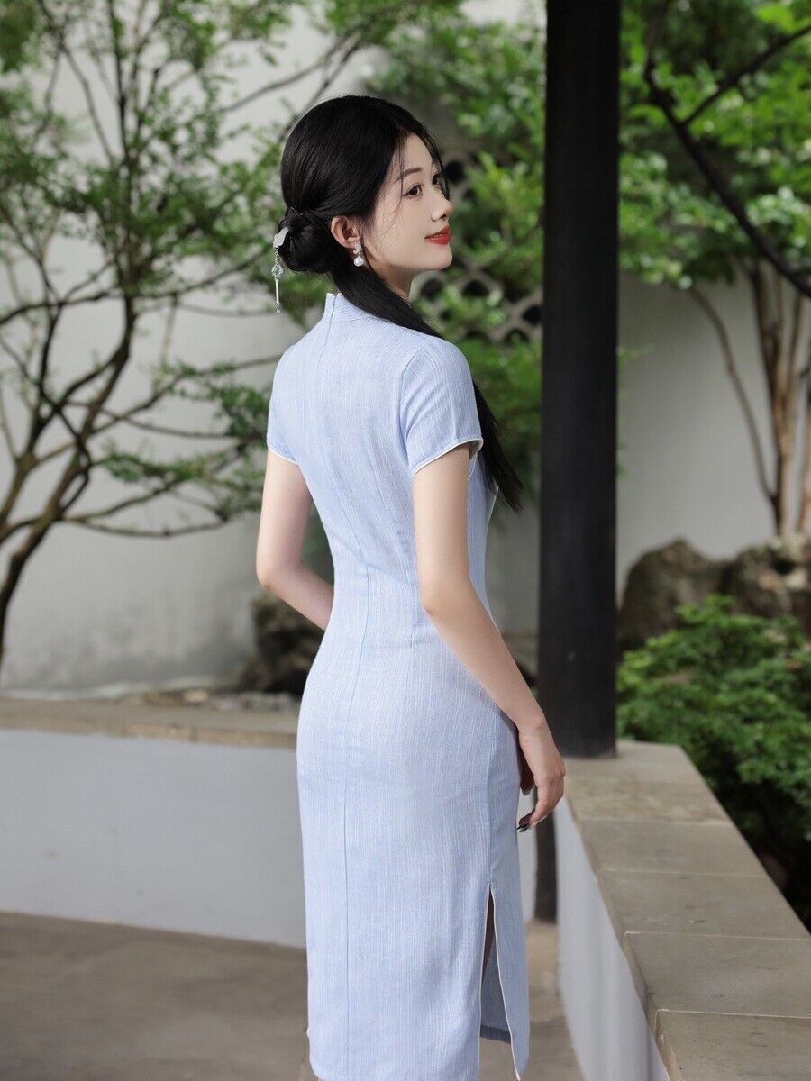 Serenity Sky: Light Blue Cotton-Linen Qipao Cheongsam Dress Over-the-Knee Length