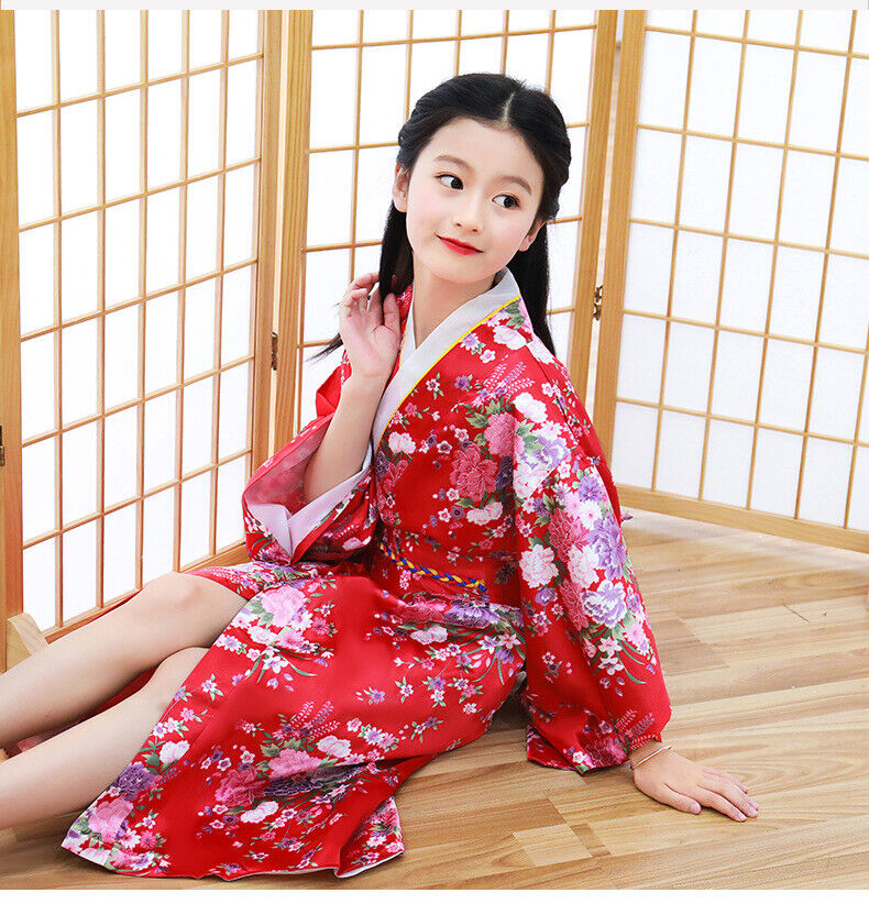 New Japanese Childrens Girls Red Blossom Flower Prints Long Kimono Outfit gjk9