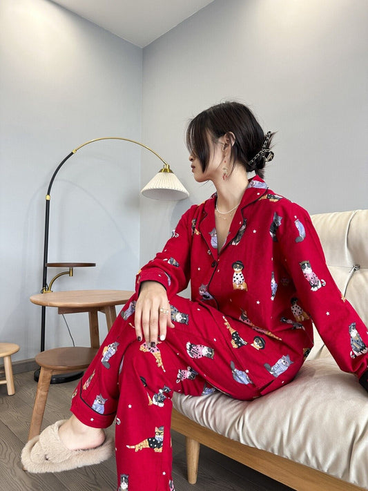 Gift for her - New Ladies Red Brushed Cotton Pyjamas Set with Festive Cat Prints