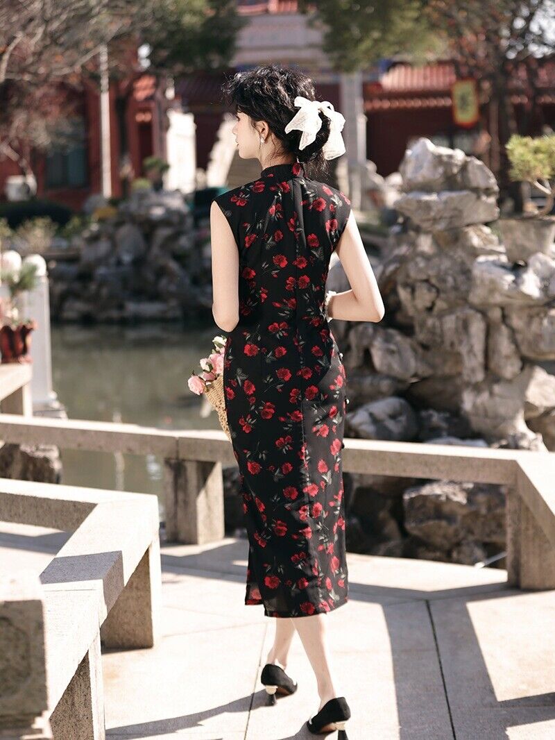 Eternal Blossom: Elegant Black Chinese Qipao Cheongsam Dress in Floral Chiffon