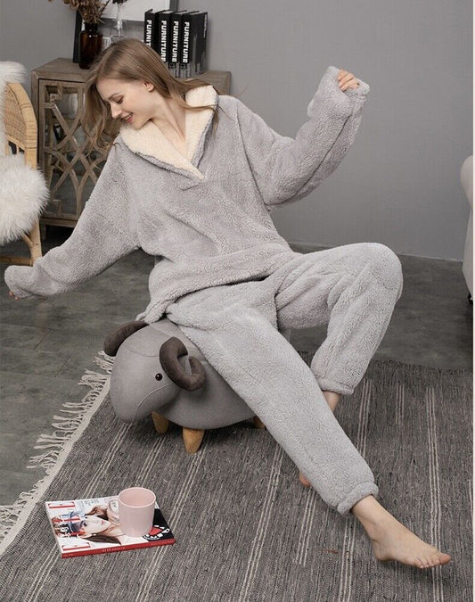 Ladies Luxurious Grey Fluffy Loungewear Pyjamas Set with Cosy Collar and Pockets