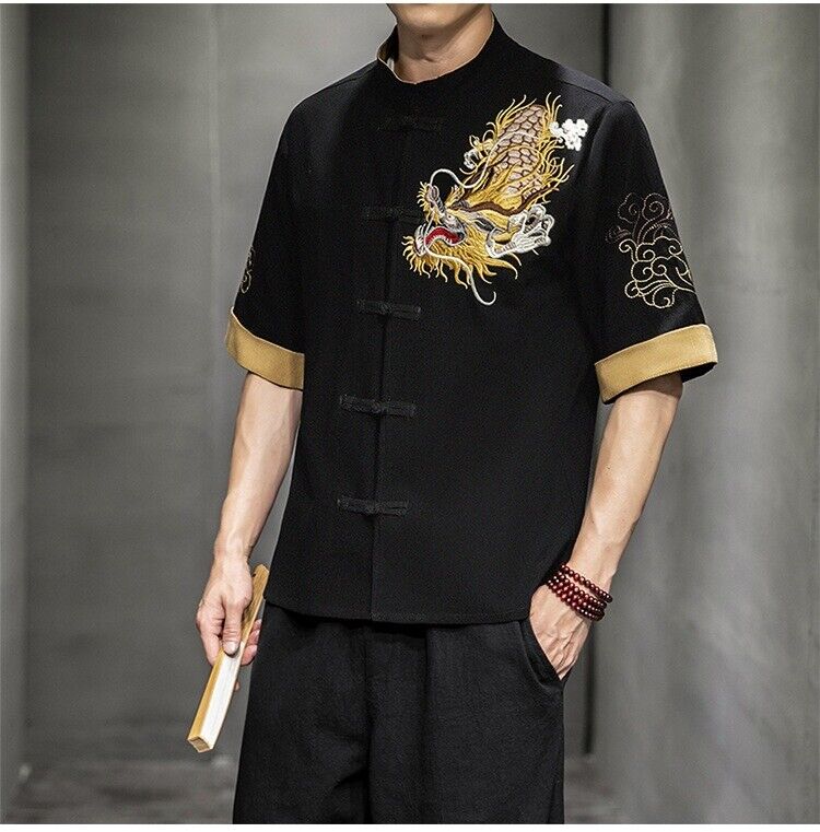 New Mens Traditional Chinese Style Shirt with Dragon Embroidery in Mystery Black