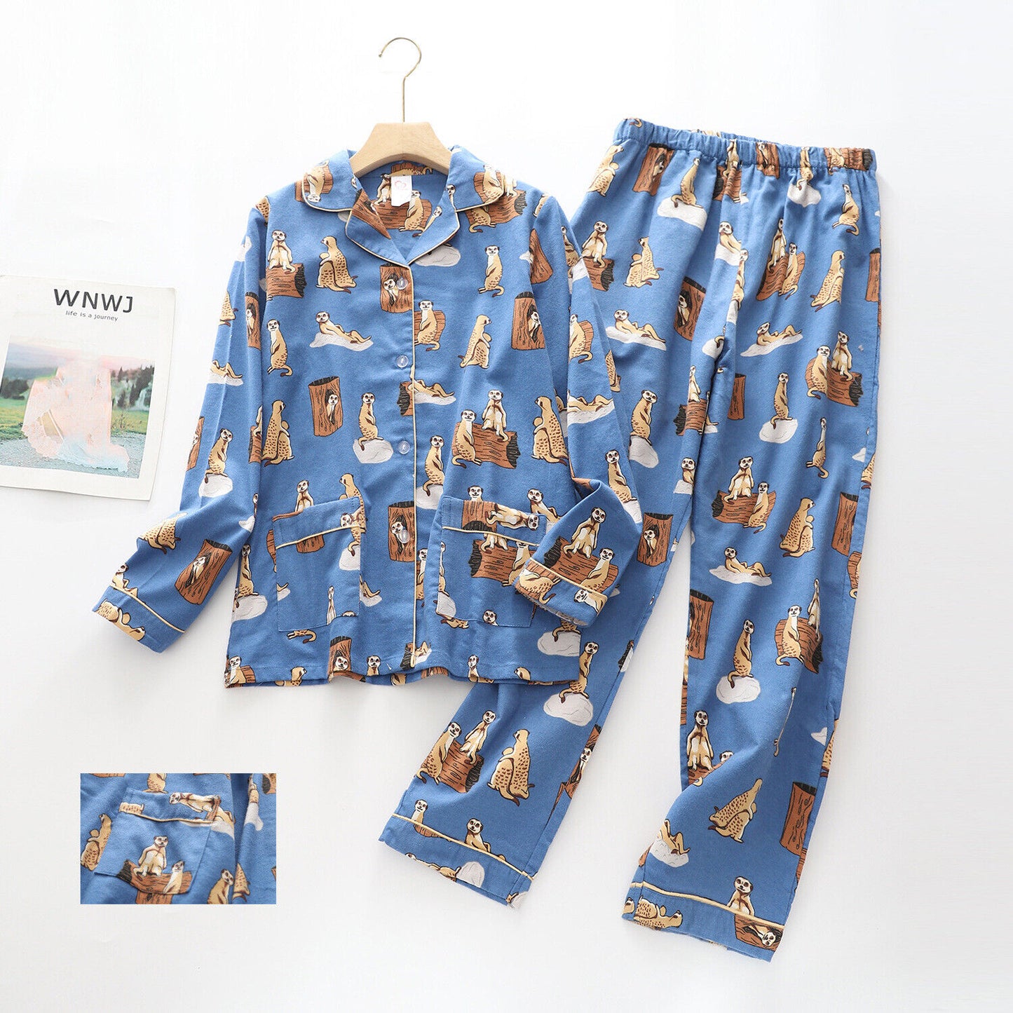 New Comfy Wear Ladies Blue Cotton Pyjama Set with Whimsical Meerkat Print