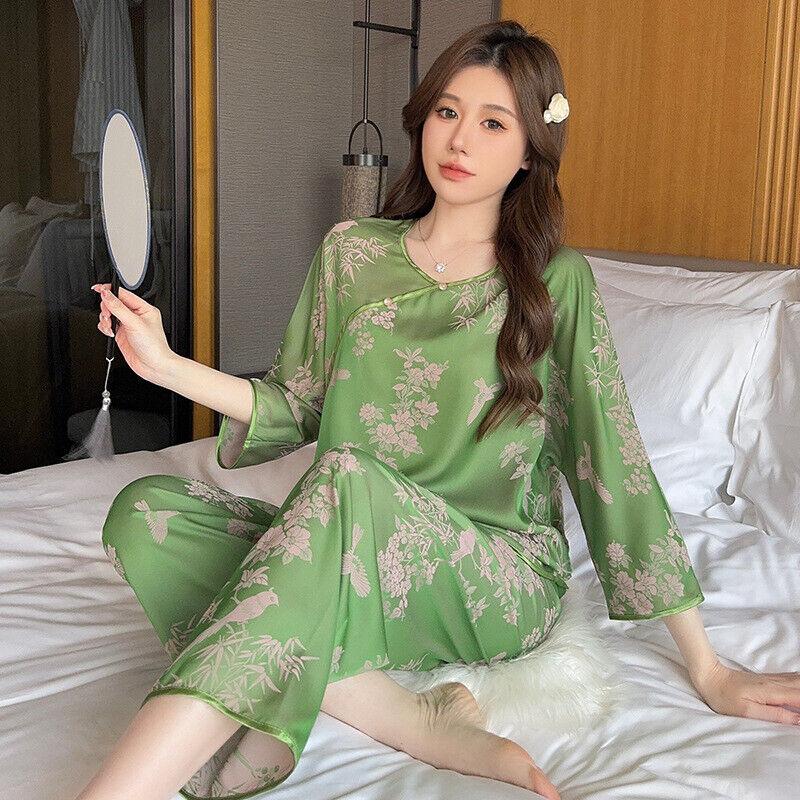 Elegant Willow Green Satin Pyjamas Set with Traditional Chinese Floral Pattern