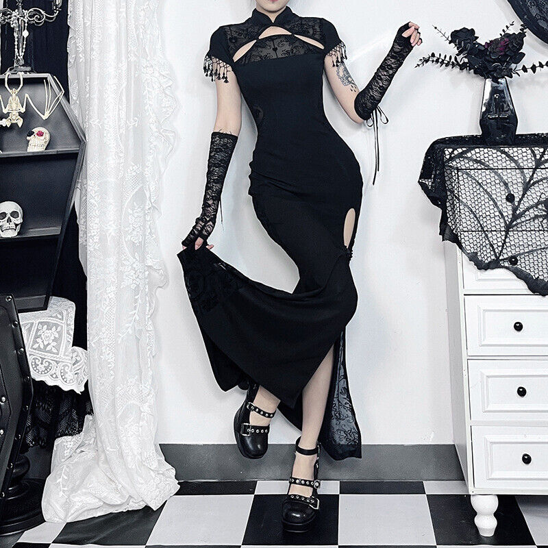 Luxurious Chinese Magic Black Gothic-Inspired Lace Cheongsam Qipao Dress