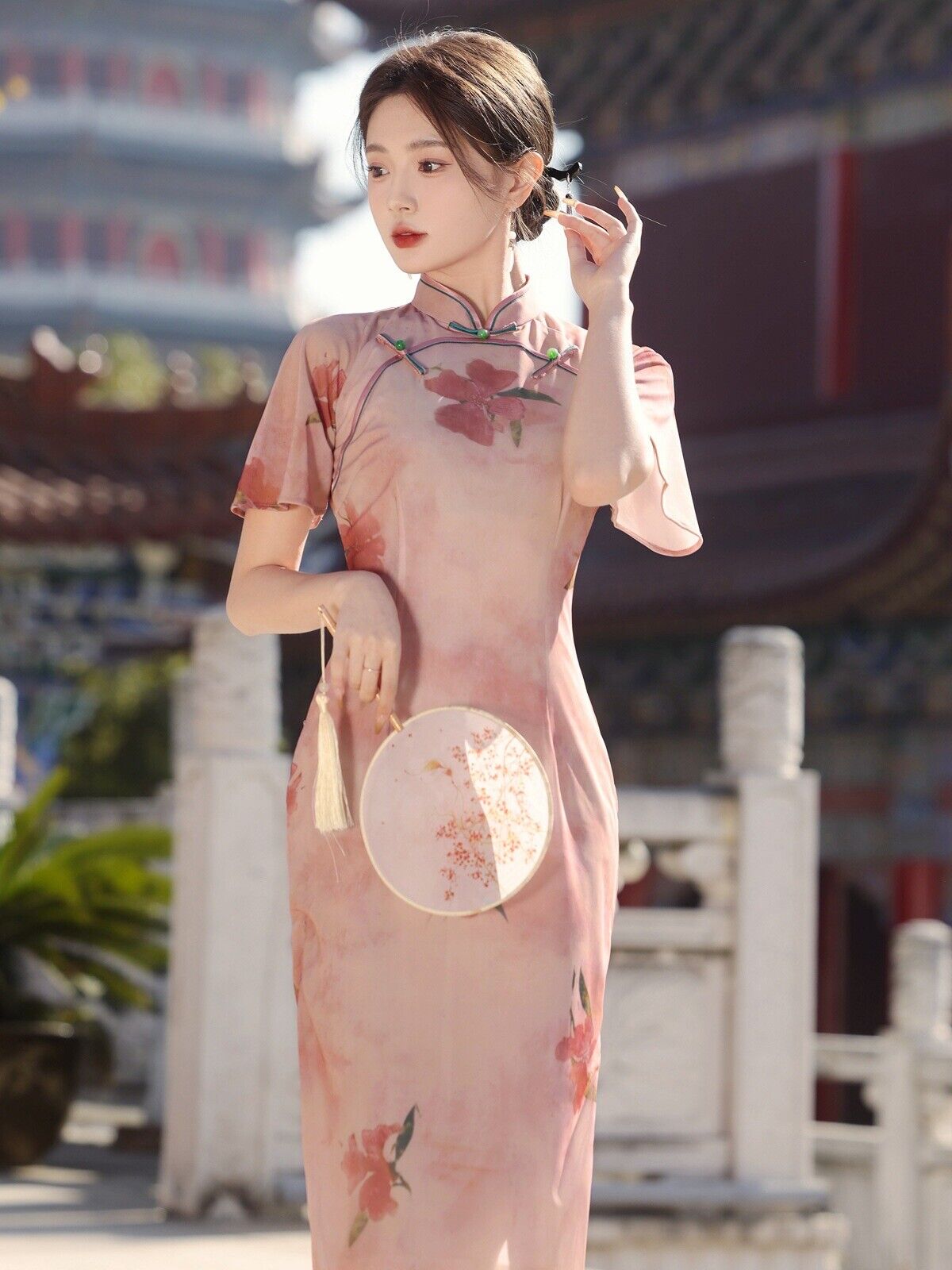 Traditional Ladies Elegant Chinese Floral Qipao Cheongsam Dress In Dusty Pink