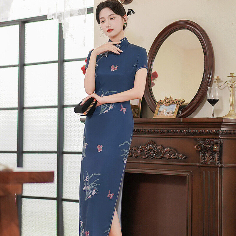 Ladies Chinese Azure Blue Orchid Butterflies Prints Trim Dress Cheongsam Qipao