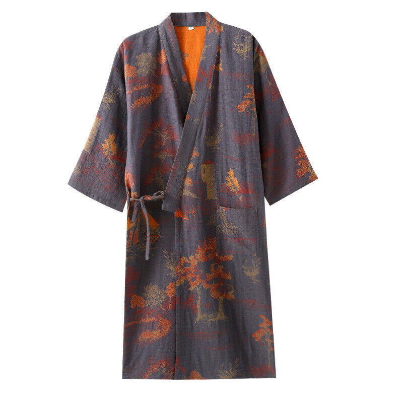 Elegant Grey-Blue Chinese Water Paint Style Kimono Dressing Gown for Women