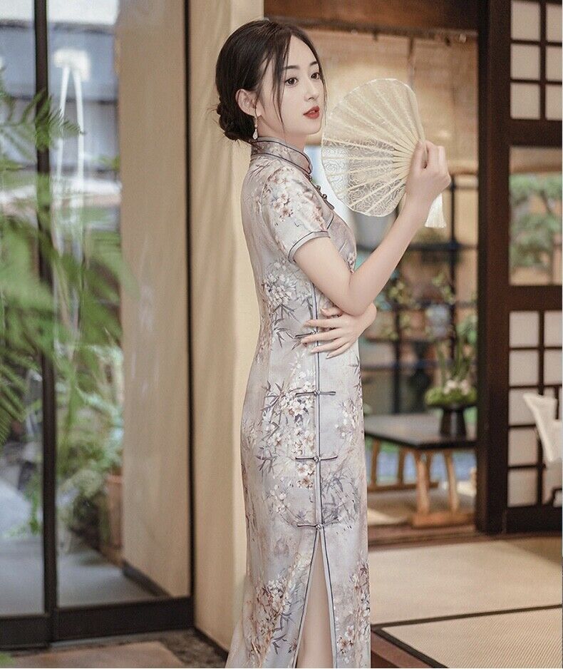 Ladies Chinese Misty Purple with Blossom Prints Lined Long Dress Cheongsam Qipao