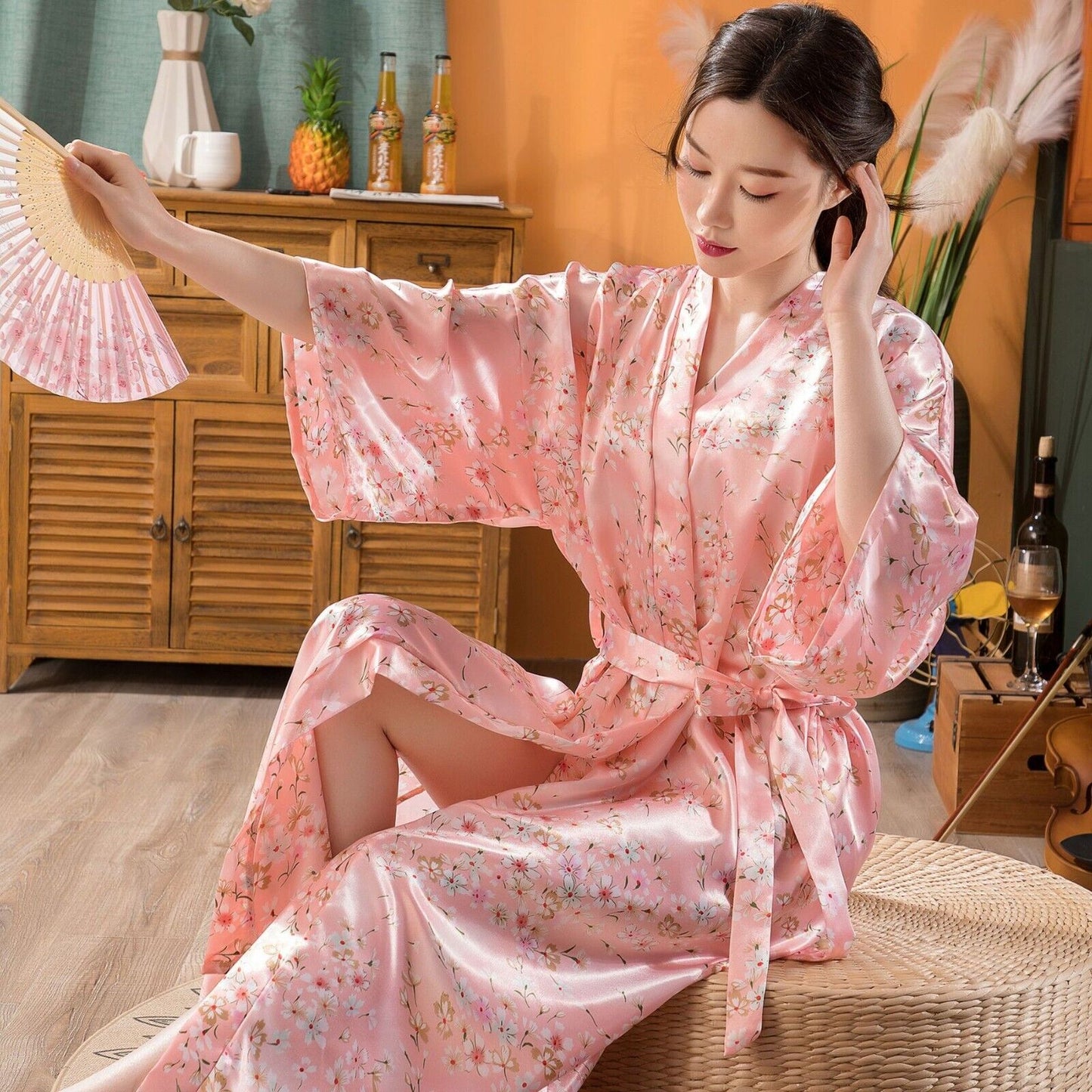 Elegant Japanese Chinese Satin Pink Floral Design Ladies Kimono Style Bathrobe